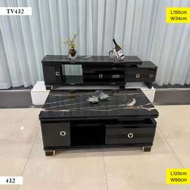 ENSEMBLE MEUBLE TV ET TABLE BASSE NOIR EFFET MARBRE ET DORÉ