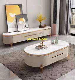 Ensemble meuble TV et table basse blanc doré moderne