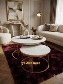 Ensemble 2 tables basses effet marbre blanc doré