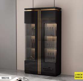 VAISSELIER VITRINE NOIRE BRILLANTE AVEC LIGNES DORÉES