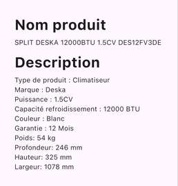 Split Deska DES-VT14 blanc 12000 BTU