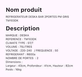 Réfrigérateur Deska Bar 2 portes Gris