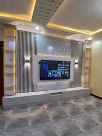 Meuble TV design moderne blanc bois LED intégré