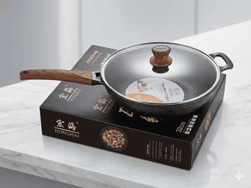 Poêle wok antiadhésive  32 cm avec couvercle en verre