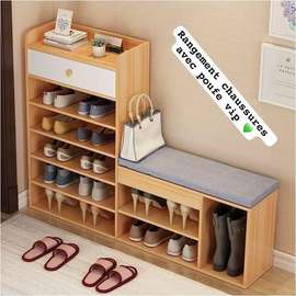 rangement chaussures bois clair avec banc gris
