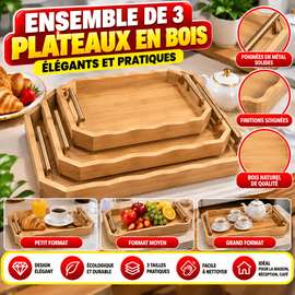 3 plateaux en bois élégants avec poignées dorées