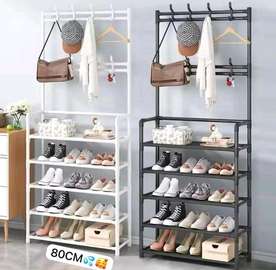 Porte-manteau métal noir 80 cm 5 étagères chaussures