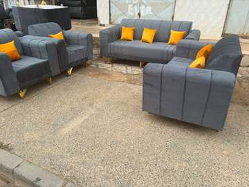 Canapé 7 places gris coussins orange