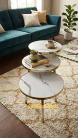 Ensemble 3 Tables basses ronde marbre blanc dorés