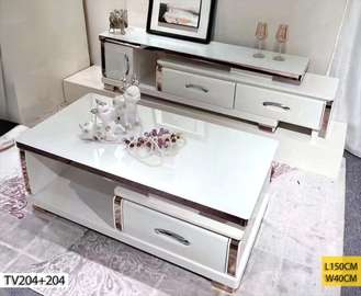 ENSEMBLE MEUBLE TV ET TABLE BASSE BLANCHE BRILLANTE