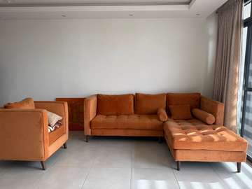 Salon canapé d’angle + fauteuil terracotta