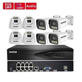 8 Caméras IP poe 5mp color vu + Nvr poe + disk