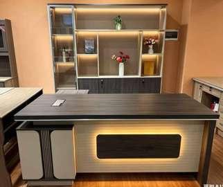 Bureau Directeur bois foncé LED rangement intégré