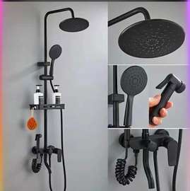 Ensemble douche pluie noir mat carré + douchette main