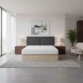 Lit double bois clair matelas inclus tête de lit grise
