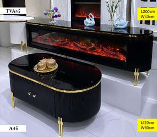 ENSEMBLE MEUBLE TV CHEMINÉE ET TABLE BASSE NOIR ET DORÉ