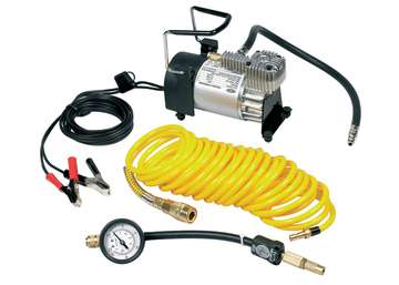 Compresseur d'air portable 12V avec manomètre et tuyau jaune