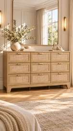 Commode bois naturel 9 tiroirs beige clair design