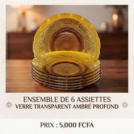 Ensemble de 6 assiettes verre transparent ambré profond...