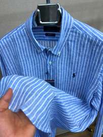 Ralph Lauren chemise Lin bleu rayé col boutonné