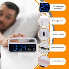 Réveil 2 Alarme 8 led  dimmable Snooze, 12/24H Date & Jour