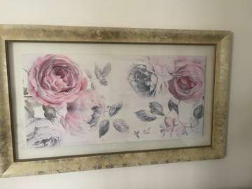 Tableau floral vintage cadre bois doré 60x30 cm