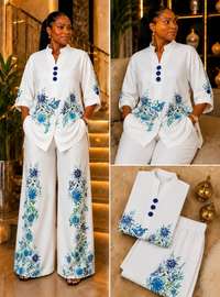 Ensemble femme blanc floral chemise manches 3/4