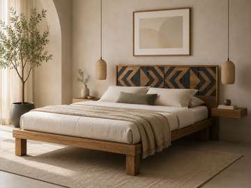 LIT DESIGN EN BOIS MASSIF AVEC TABLES DE CHEVET – NEUF
