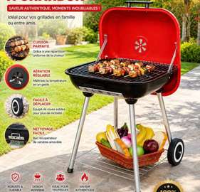 Barbecue charbon mobile avec couvercle ventilé et étagères
