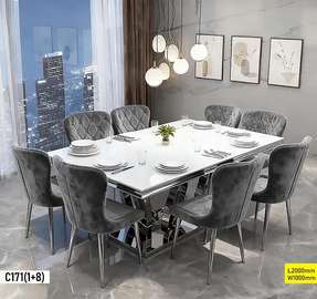 Table + 8 chaises velours gris métal