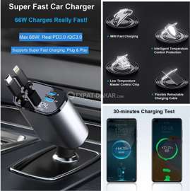 Chargeur de voiture rétractable 4 en 1, Charge rapide 66W