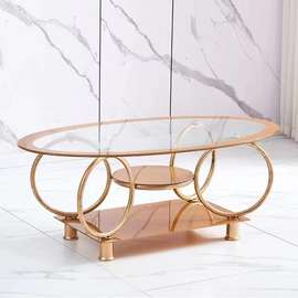 Table basse ovale verre trempé métal doré 2 niveaux