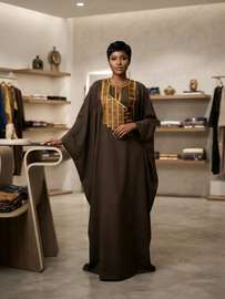 Robe longue marron motifs dorés taille unique fluide
