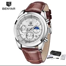 Benyar Montre Cuir Marron Chronographe Phases Lunaires