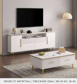 Ensemble Meuble TV 160cm et Table Basse Blanc & Doré