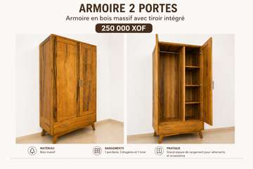 Armoire bois massif 2 portes 3 étagères 1 tiroir