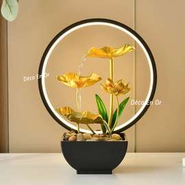 Fontaine zen LED métal doré fleurs cascade déco