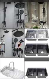 Ensemble douche pluie + évier inox double bac design