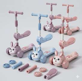 Trottinette enfant 3 en 1 lapin 3 roues rose bleu violet