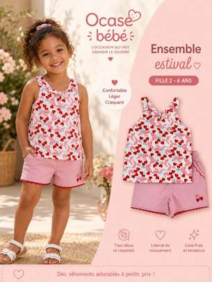 ensemble estival fille 2-6 ans haut pêche short denim image 2