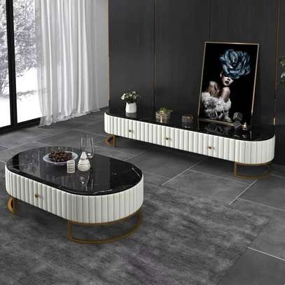 TABLE TELEVISEUR NOIR BLANC MARBRE+ TABLE BASSE image 1