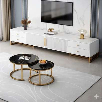 Meuble TV design blanc laqué doré 4 tiroirs image 1