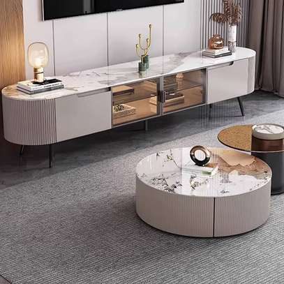 TABLE TELEVISEUR BLANC MARBRE + TABLE BASSE image 2