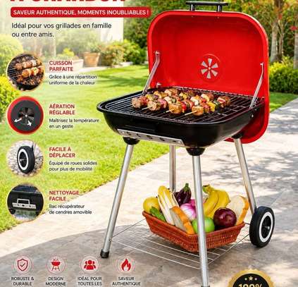Barbecue charbon mobile avec couvercle ventilé et étagères image 1