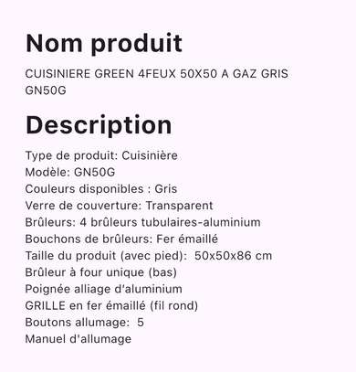 CUISINIÈRE GREEN 4 FEUX à Gaz image 1