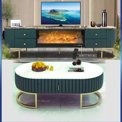 TABLE TELEVISEUR BLANC MARBRE VERT + TABLE BASSE image 1