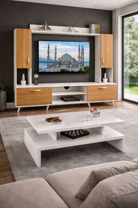 TABLE TELEVISEUR BEIGE BLANC  + TABLE BASSE image 1