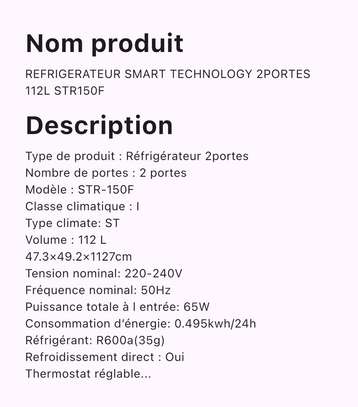 RÉFRIGÉRATEUR SMART TECHNOLOGY 112 Litres image 2