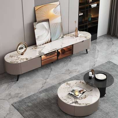 TABLE TELEVISEUR BLANC MARBRE + TABLE BASSE image 1