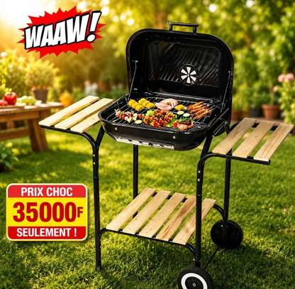 Barbecue charbon mobile avec couvercle ventilé et étagères image 3